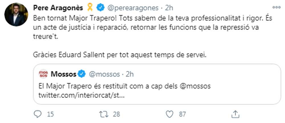 Pere Aragonès, celebrando el retorno de Trapero como mayor de los Mossos en su perfil de Twitter
