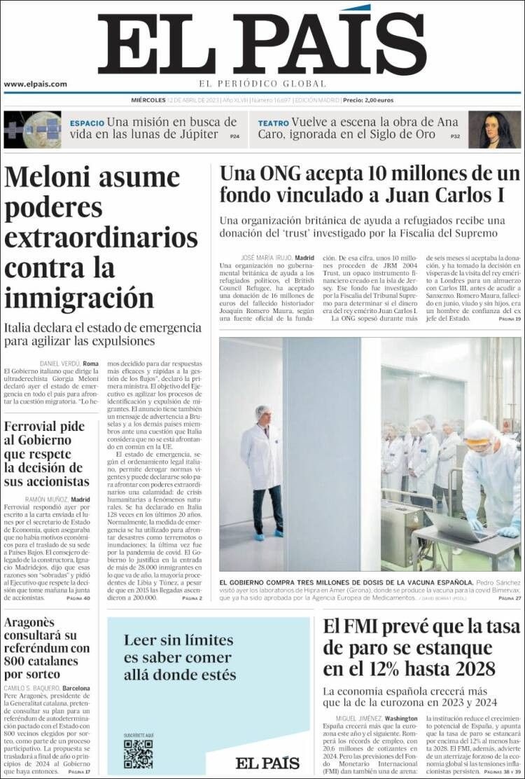 Portada de 'El País' de 12 de abril de 2023 / KIOSKO.NET