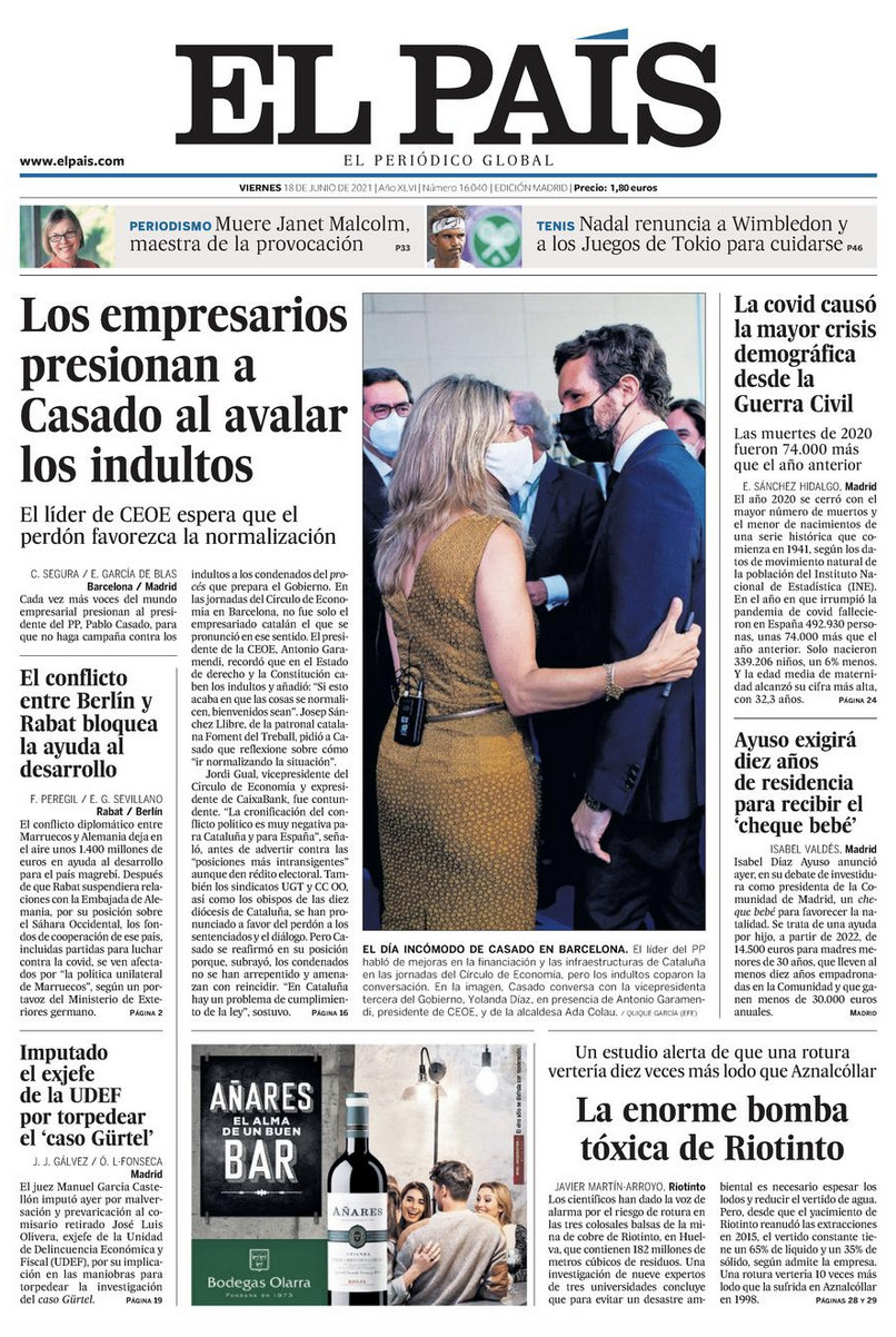 Portada de 'El País' del 18 junio de 2021 / EL PAÍS