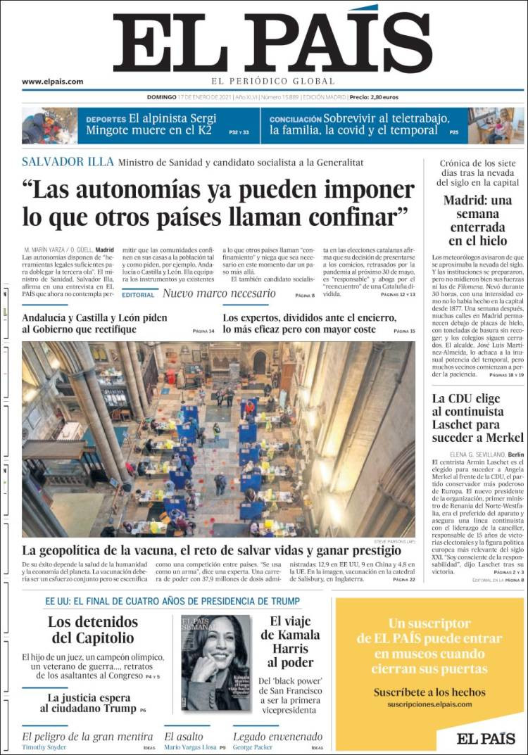 Portada de 'El País' del domingo 17 de enero