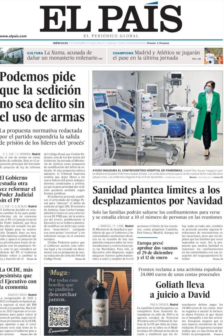 Portada de 'El País' del 2 de diciembre / KIOSKO.NET