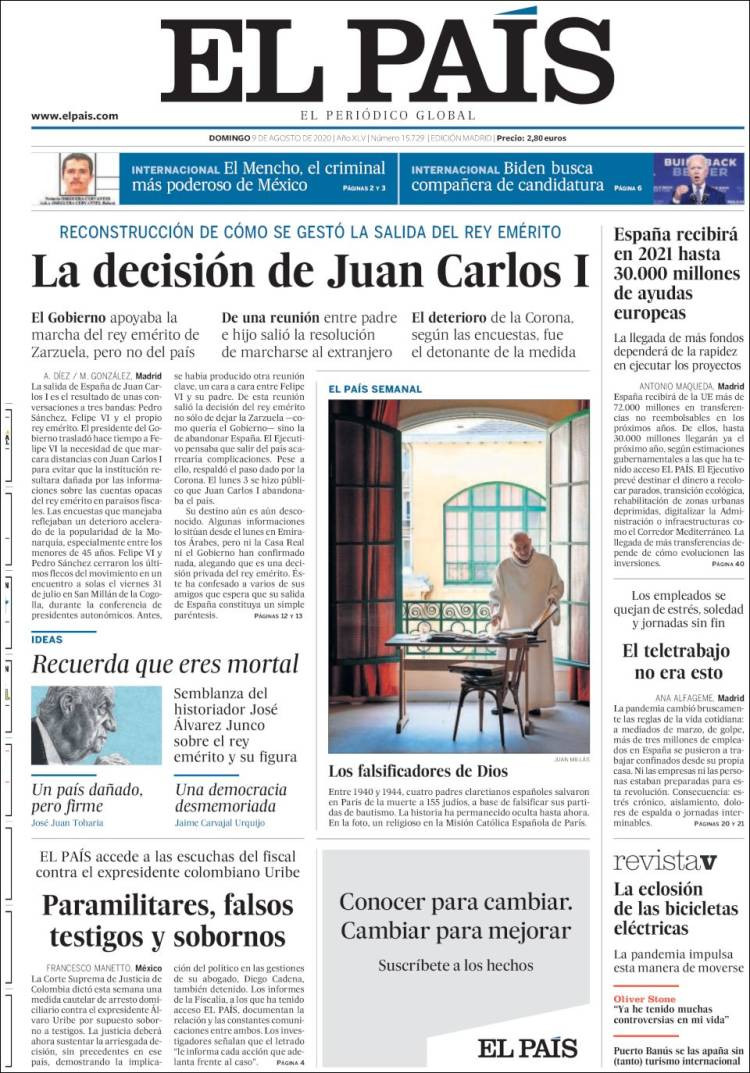 Portada de 'El País' del 9 de agosto de 2020