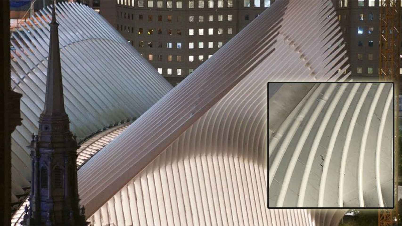 El Oculus de Santiago Calatrava en Nueva York y detalle de las grietas que denuncia la ciudadana.