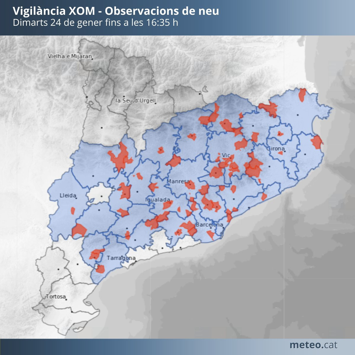 Observaciones de nieve del Servei Meteorològic de Catalunya para este martes por la tarde / SERVEI METEOROLÒGIC DE CATALUNYA