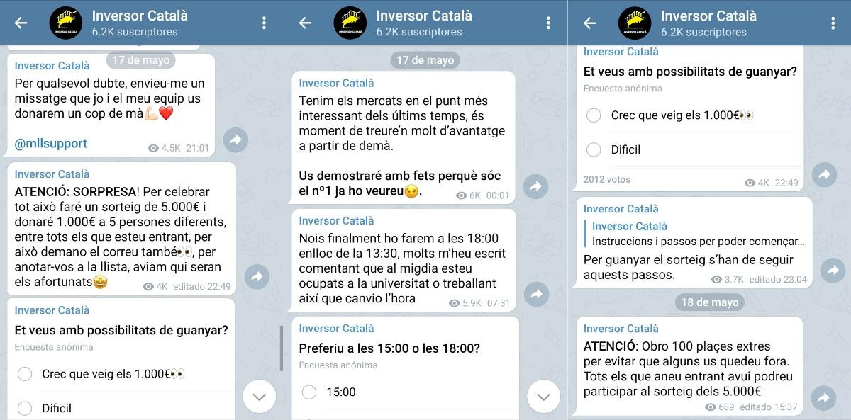 Capturas de la cuenta de Telegram 'Inversor Català' con supuestos sorteos en efectivo / CRÓNICA GLOBAL