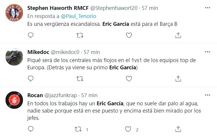 Publicación criticando a Éric García tras el partido contra el Bayern / Redes