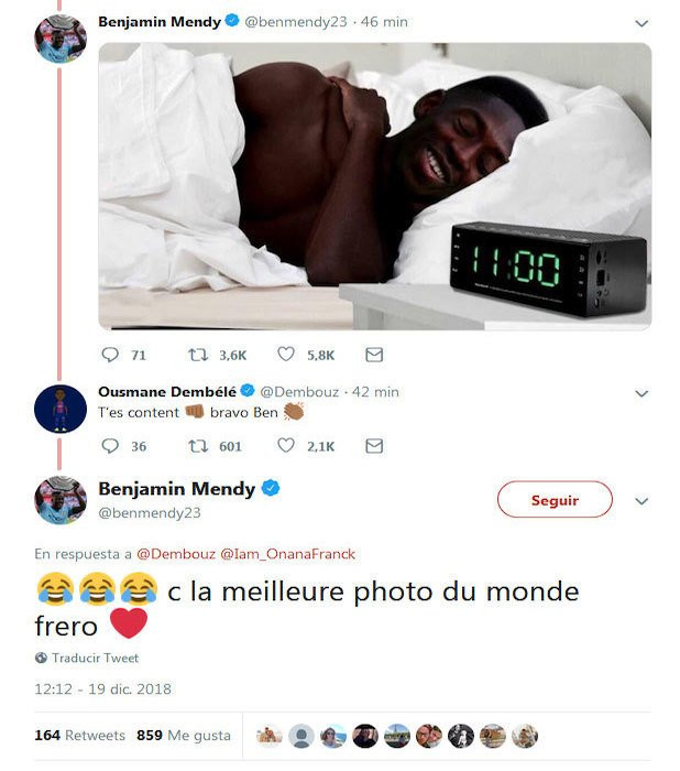 Una captura de pantalla de los tuits entre Dembelé y Mendy / Twitter