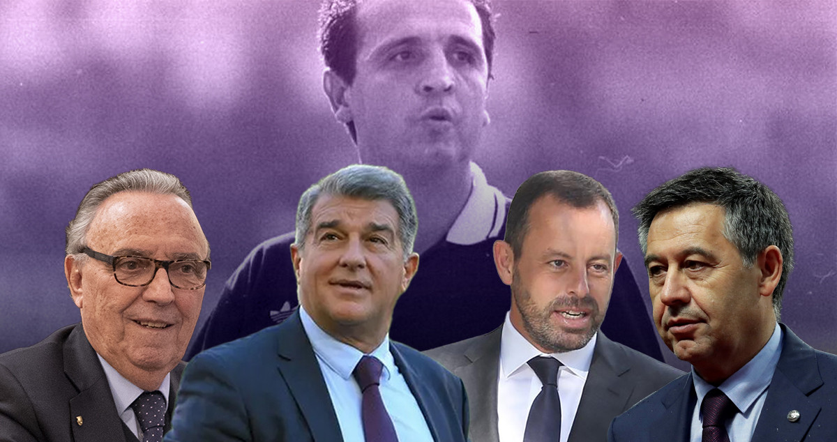 Joan Gaspart, Joan Laporta, Sandro Rosell y Josep Maria Bartomeu, con Enríquez Negreira al fondo / MONTAJE CULEMANÍA
