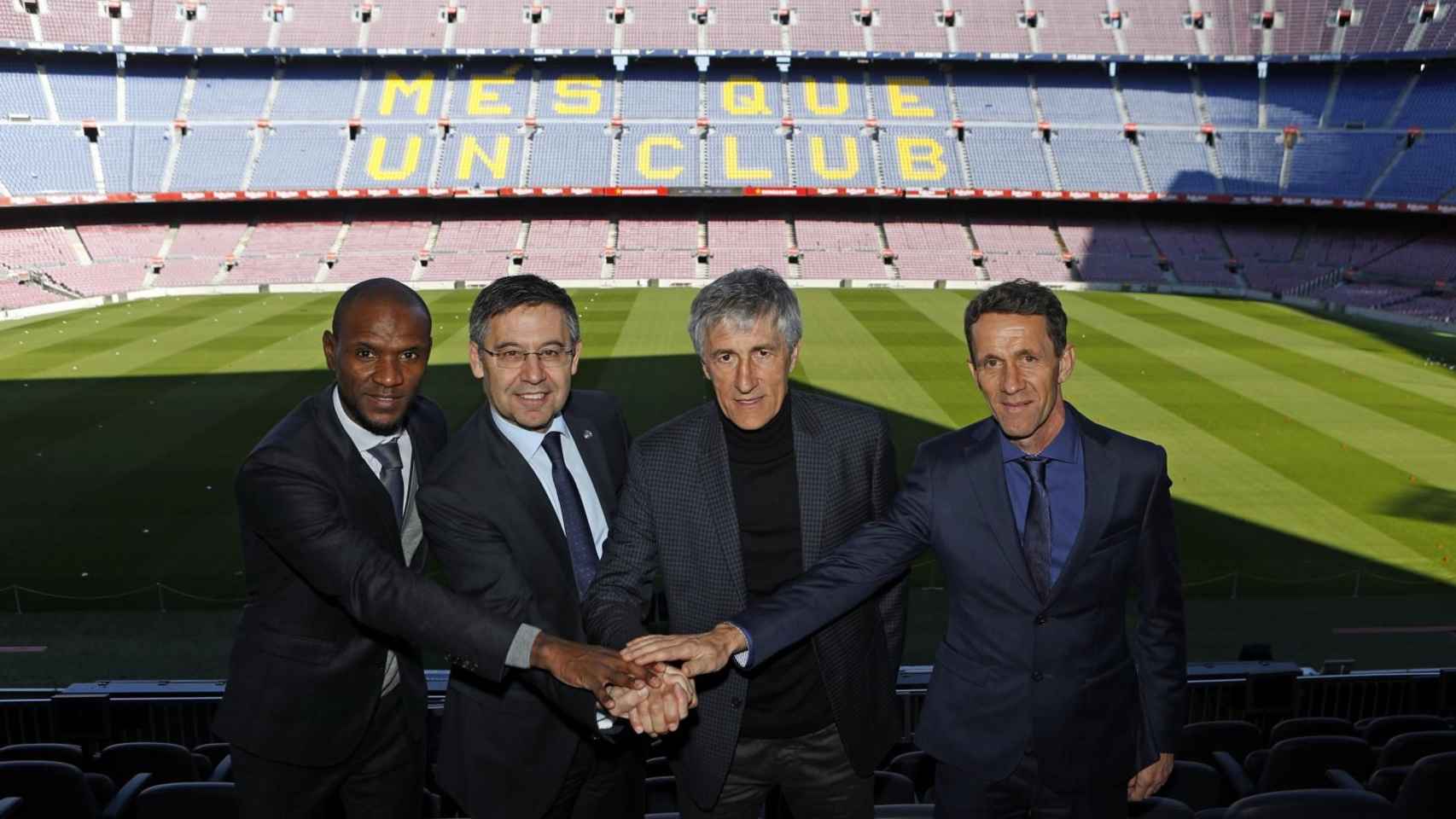 Abidal, Bartomeu, Setién y Planes en la presentación del cántabro / FC Barcelona