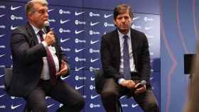 Joan Laporta y Mateu Alemany, durante una rueda de prensa con el Barça / FCB