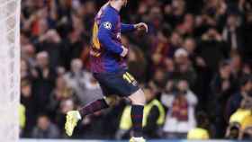 Una foto de Leo Messi celebrando un gol ante el Olympique de Lyon con el Barça / FCB