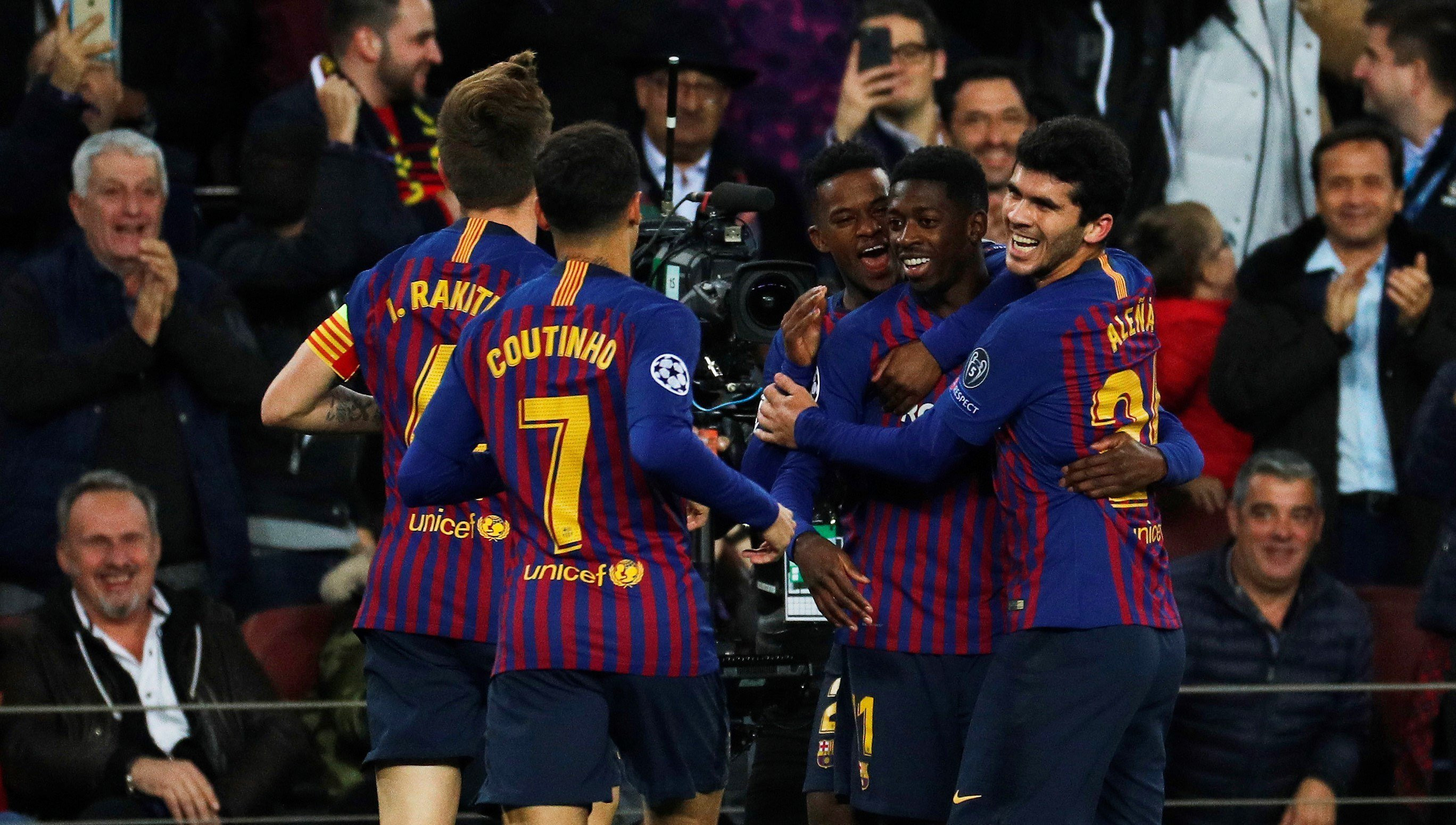 Los jugadores del Barça celebran el gol de Dembelé frente al Tottenham / EFE