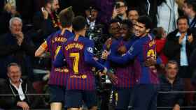 Los jugadores del Barça celebran el gol de Dembelé frente al Tottenham / EFE