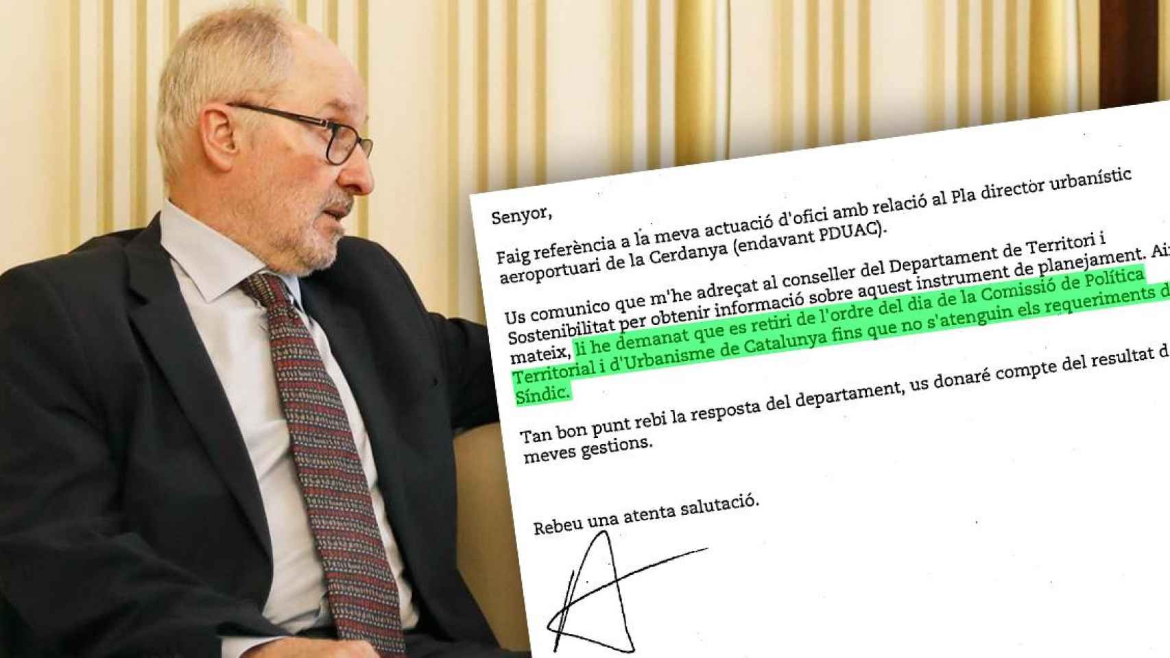 Rafael Ribó, Síndic de Greuges, con una de las cartas al Gobierno para que parara el proyecto urbanístico / CG