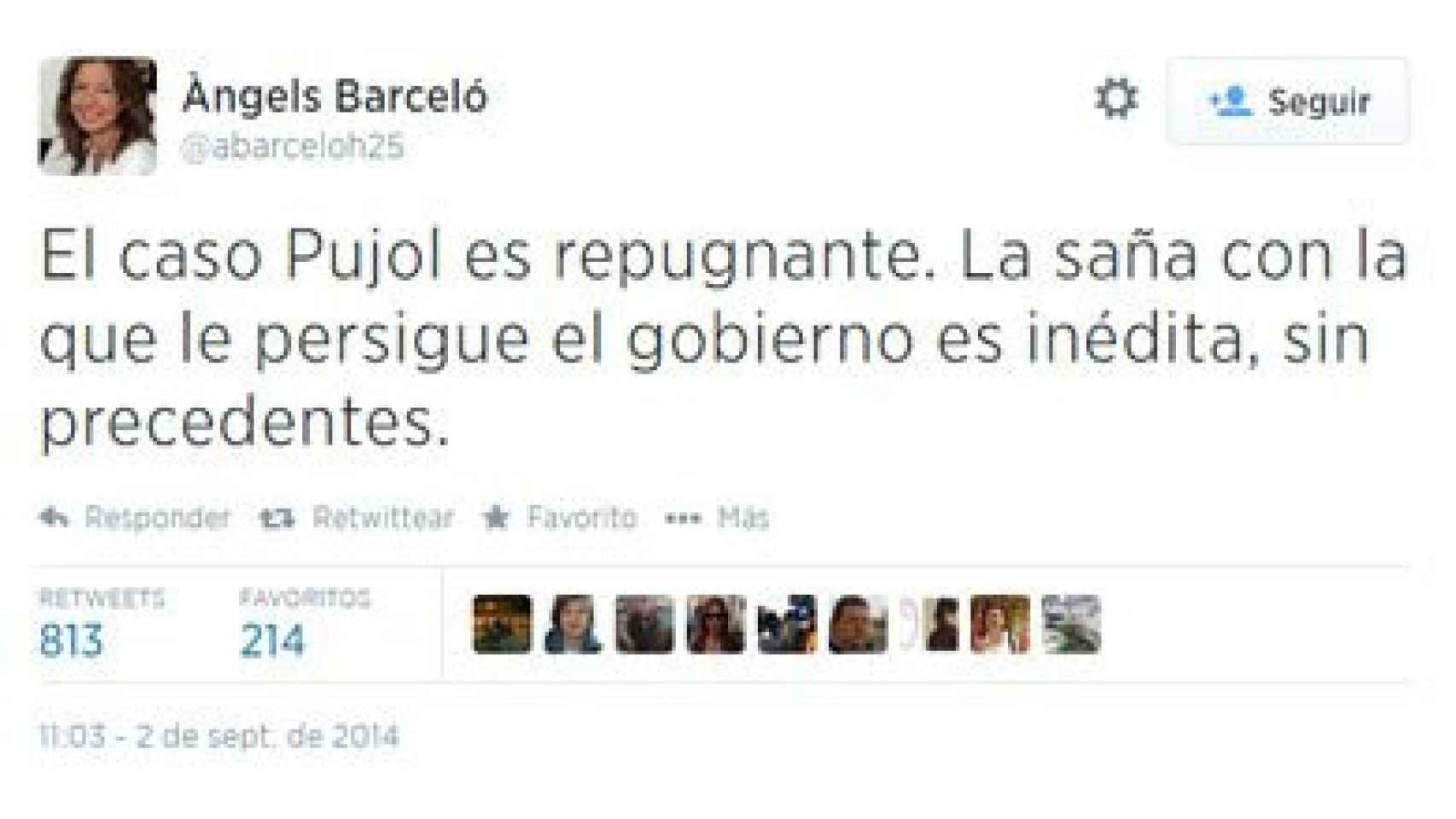 Tuit de Àngels Barceló defendiendo a Pujol y cargando contra el Gobierno