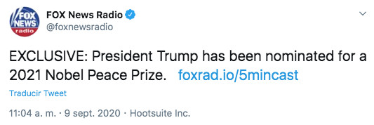 Tuit sobre la nominación de Trump al Nobel de la Paz / FOX