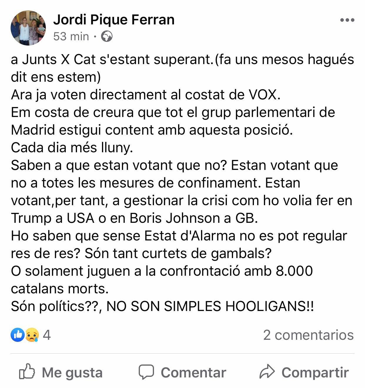 Escrito de Jordi Piqué en su perfil de Facebook