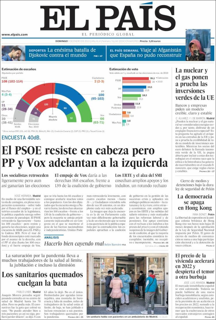 Portada de 'El País' del 9 de enero de 2022 / KIOSKO.NET