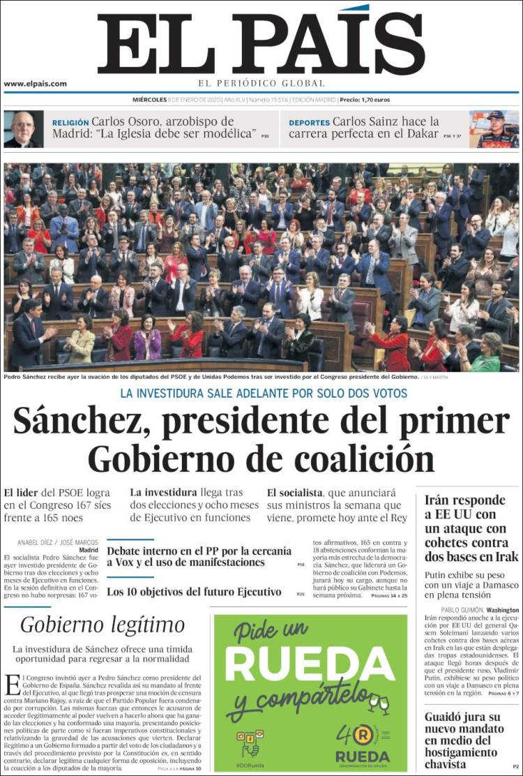 Portada de 'El País' del miércoles 8 de enero de 2020