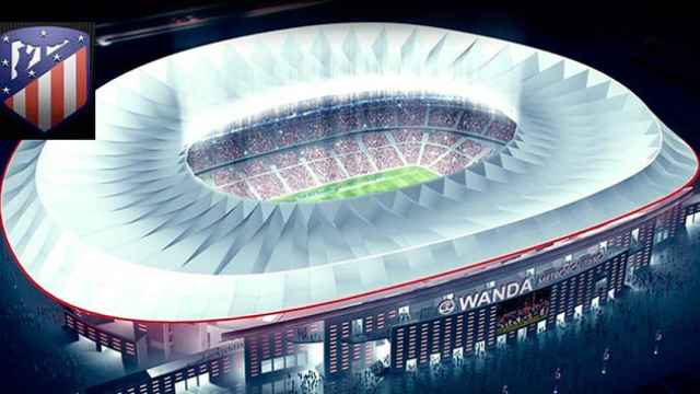 Recreación del futuro estadio del Atlético de Madrid, el Wanda Metropolitano, junto al nuevo escudo de la entidad / CG