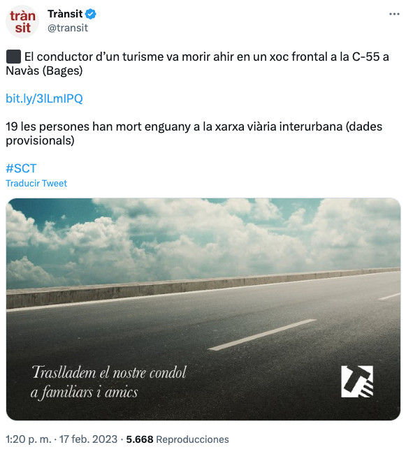 El Servei Català de Trànsit lamenta en su cuenta de Twitter oficial la muerte del conductor / TWITTER