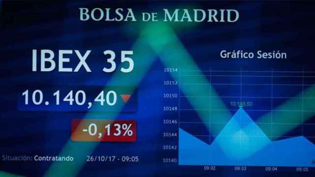Una pantalla de la Bolsa de Madrid, con la tendencia del Ibex 35 / EFE