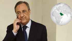 El presidente de ACS y del Real Madrid, Florentino Pérez, y un globo terráqueo que marca Arabia Saudí.