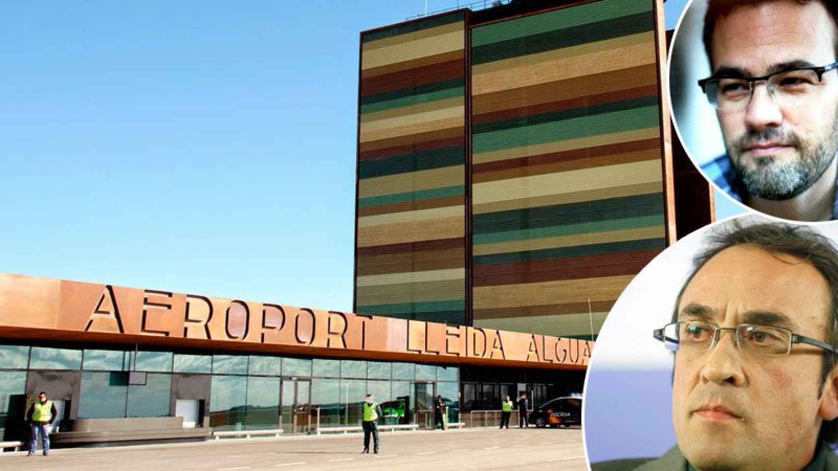 El aeropuerto de Lleida-Alguaire junto a las imágenes de Alexis Serra Rovira (arriba) y Josep Rull.