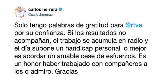 Mensaja de despedida de Carlos Herrera de TVE en su cuenta de Twitter / CG