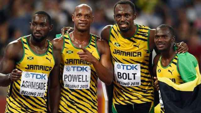 El equipo jamaicano de 4x100 en el Mundial de Pekín 2015, con Usain Bolt (segundo por la derecha) / EUROPA PRESS