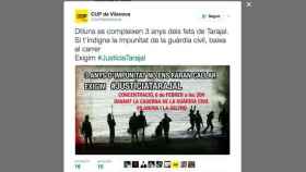 Imagen del tuit de la CUP llamando al escrache a la Guardia Civil / CG