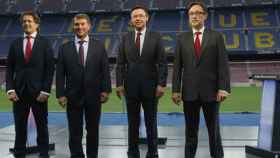 Los candidatos a la presidencia del FC Barcelona Toni Freixa, Joan Laporta, Josep Maria Bartomeu y Agustí Benedito, antes del debate de TV3