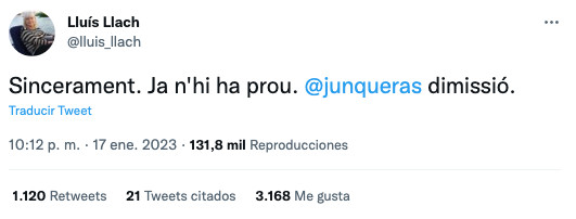 Tuit de Lluís Llach en el que pide la dimisión de Oriol Junqueras / TWITTER