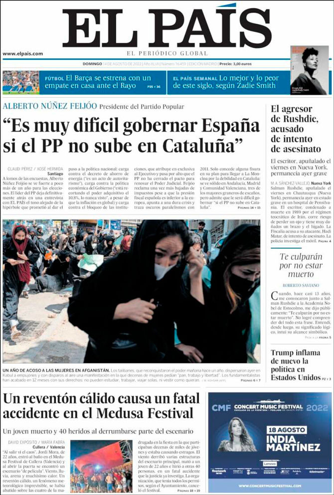 Imagen de la portada de 'El País' del 14 de agosto de 2022 / Kiosko