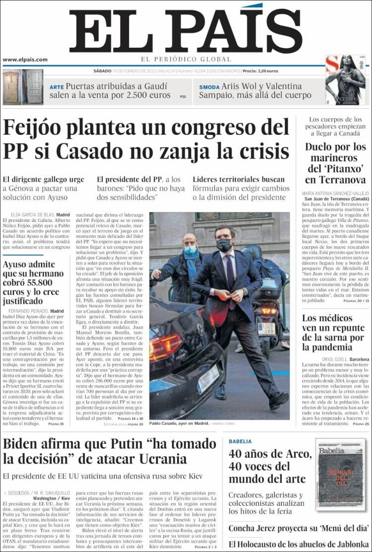 Portada de 'El País' del 19 de febrero de 2022 / KIOSKO.NET