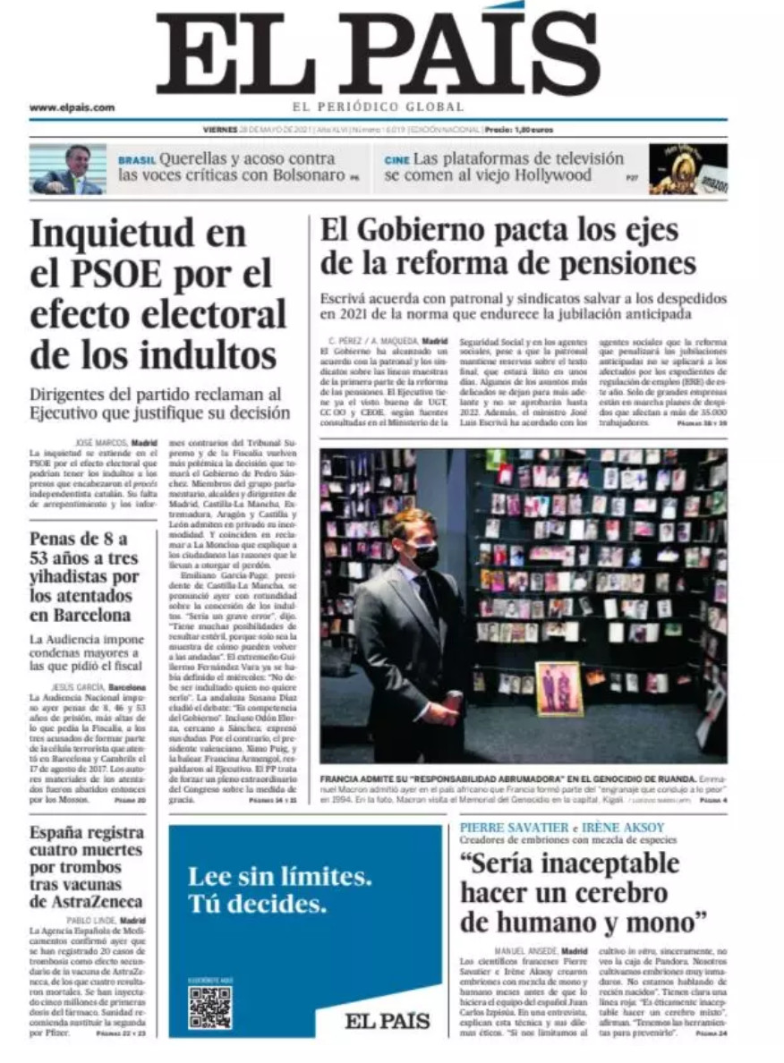 Portada de 'El País' del 28 de mayo de 2021 / EL PAÍS