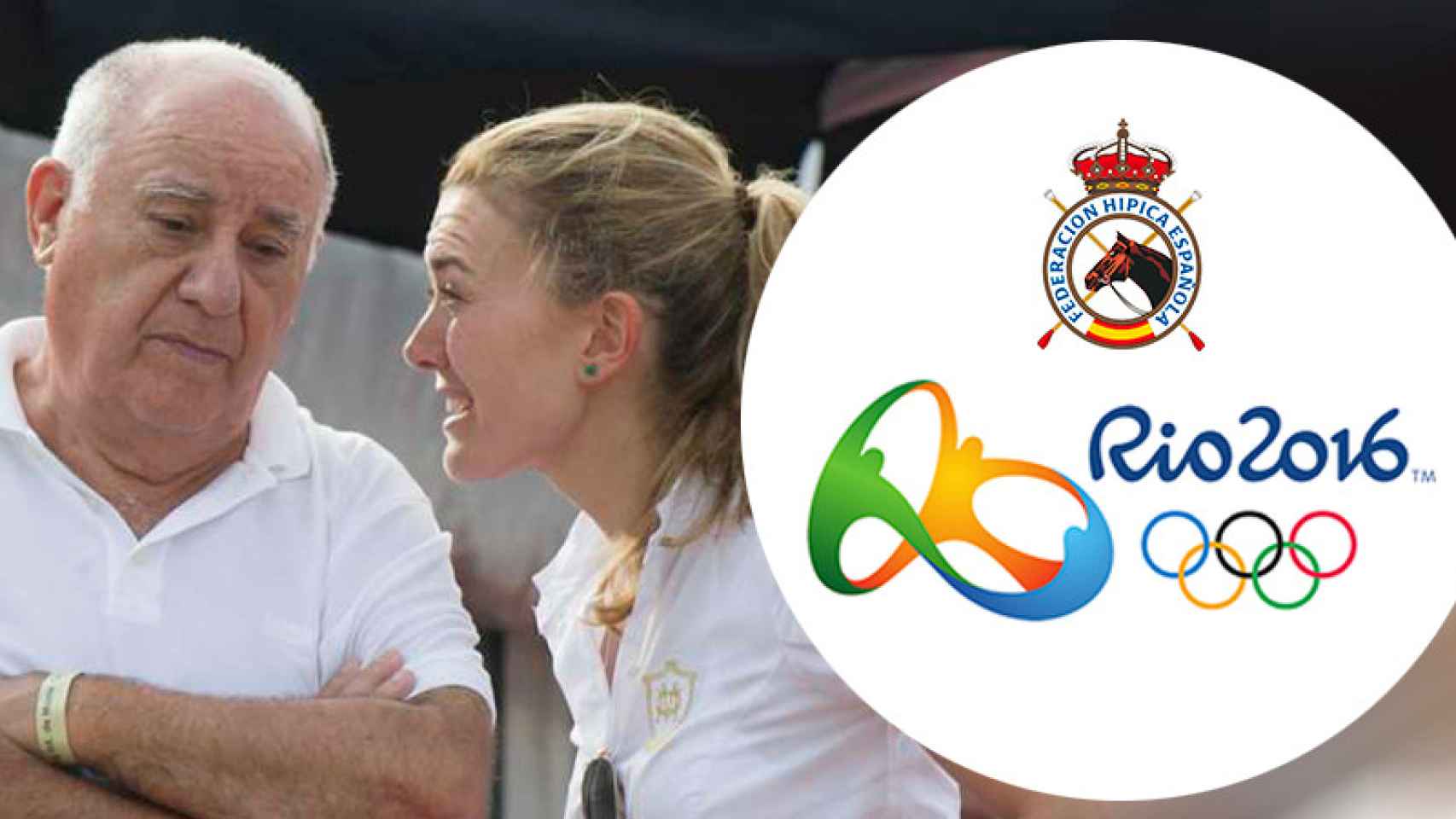 El multimillonario Amancio Ortega y su hija Marta, con las insignias de Río 2016 y la Federación Española de Hípica