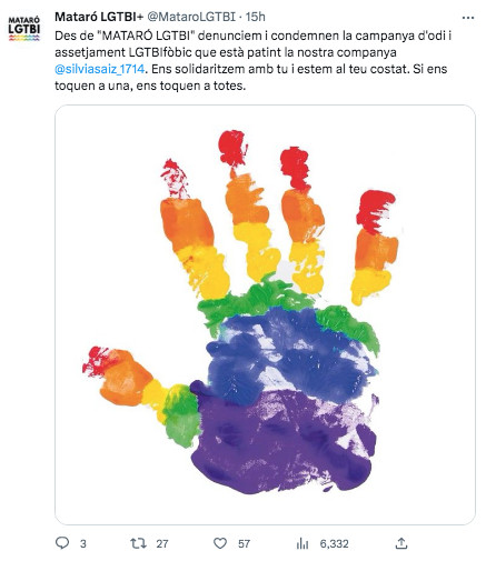 Mensaje de Mataró LGTBI+ de apoyo a Saiz / TWITTER