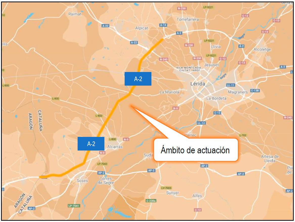 Mapa del tramo de la A-2, en Lleida, en el que se llevarán a cabo las obras de rehabilitación / MITMA - GOBIERNO