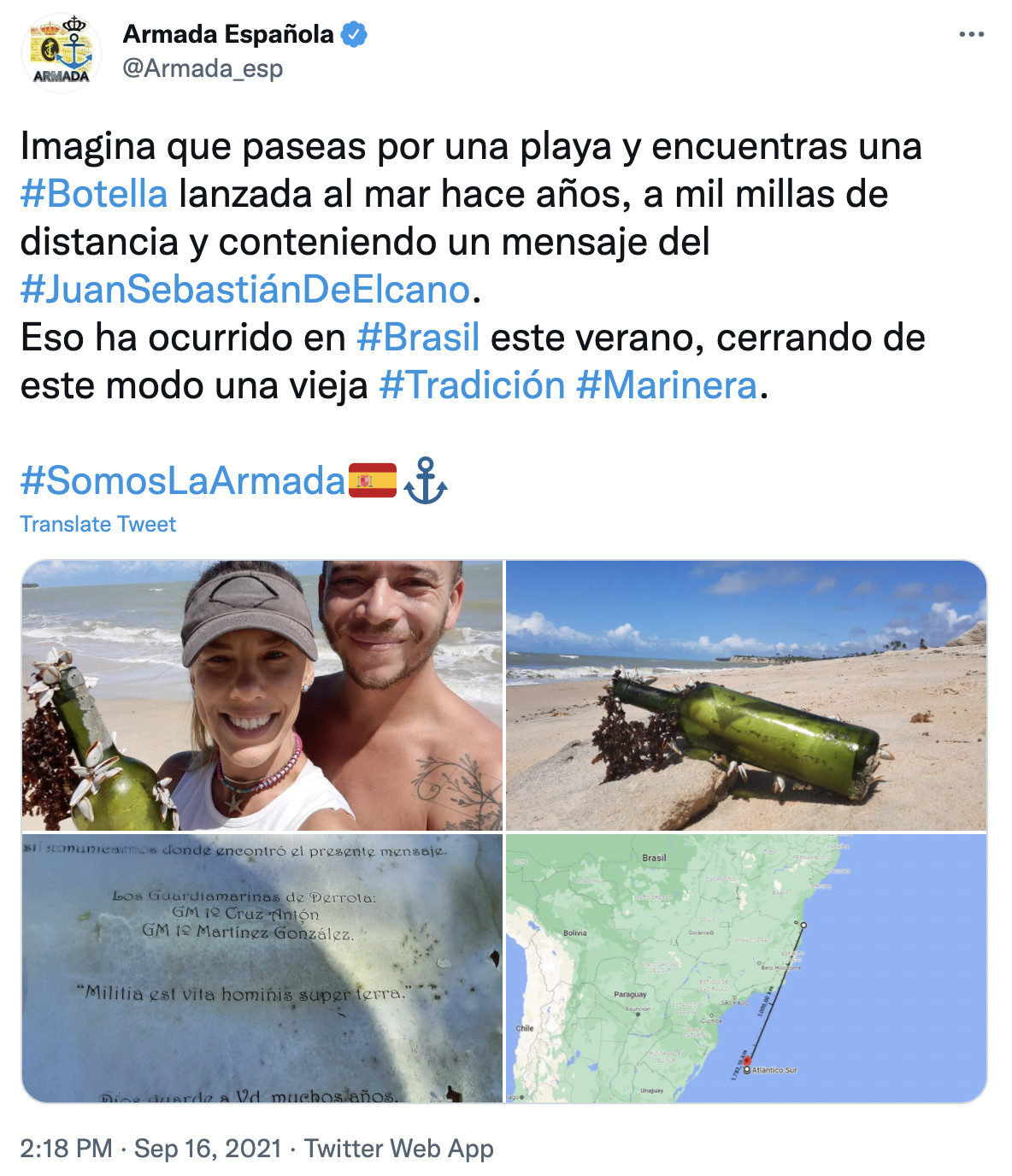 La pareja que se encontró el mensaje en una botella del buque Juan Sebastián de Elcano / TWITTER