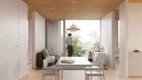 Imagen de la promoción de vivienda social en madera prefabricada en Barcelona / CG