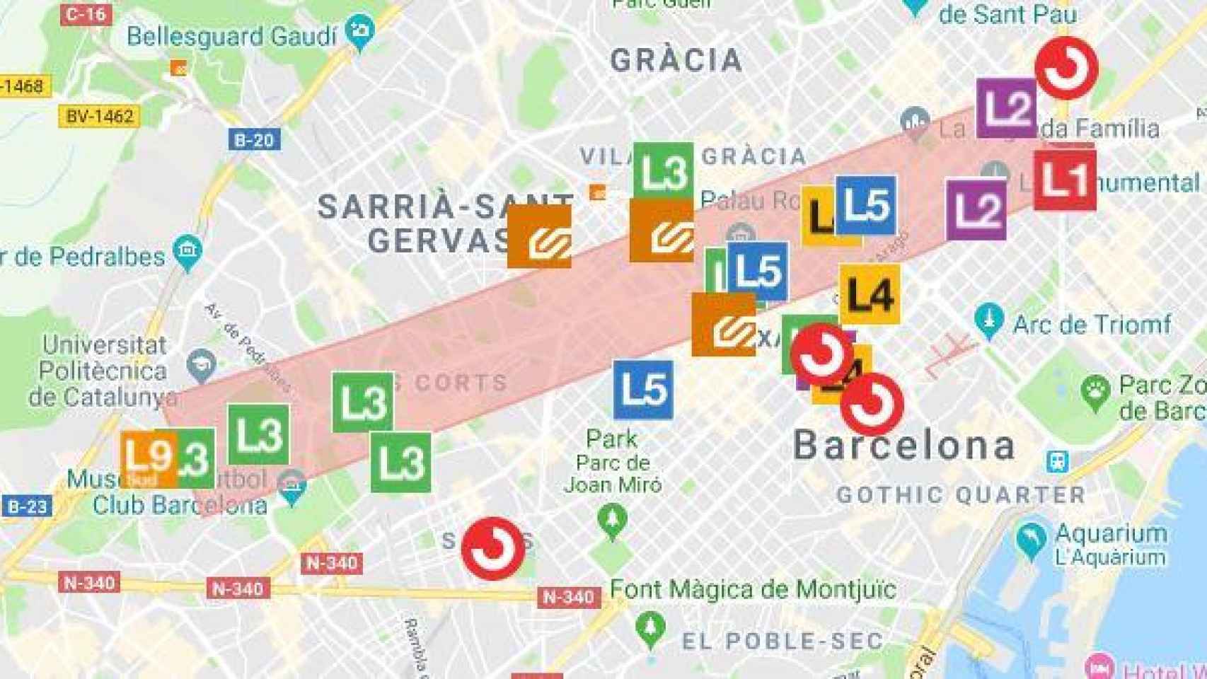 Mapa de las estaciones de Metro y el recorrido de la manifestación por la Diada / TMB