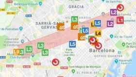 Mapa de las estaciones de Metro y el recorrido de la manifestación por la Diada / TMB