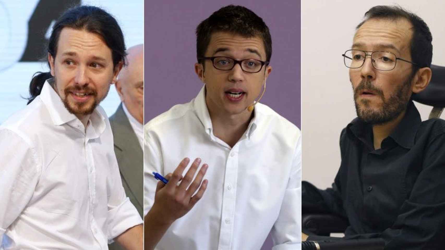 Pablo Iglesias (i), Íñigo Errejón (c) y Pablo Echenique (d), los tres principales cargos de Podemos.