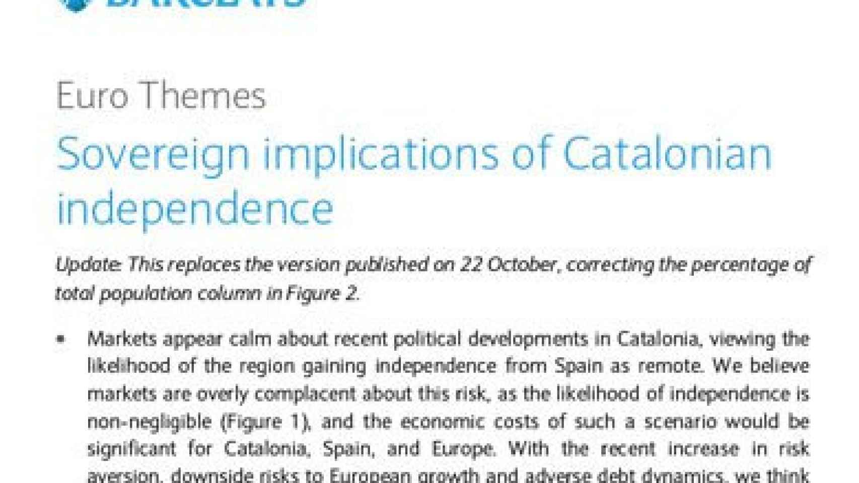 Informe de Barclays sobre las consecuencias de la secesión de Cataluña