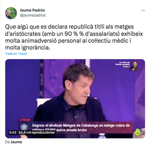 El tuit del presidente del Colegio de Médicos, Jaume Padrós / CG