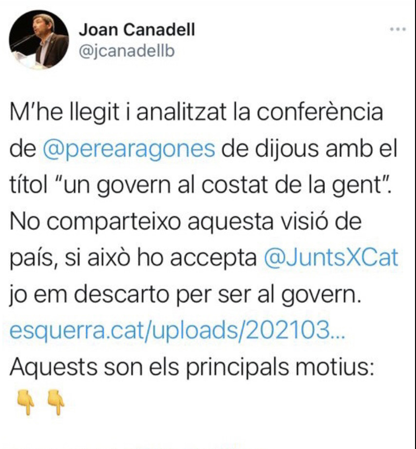 Joan Canadell carga contra ERC en Twitter y luego lo borra / CG