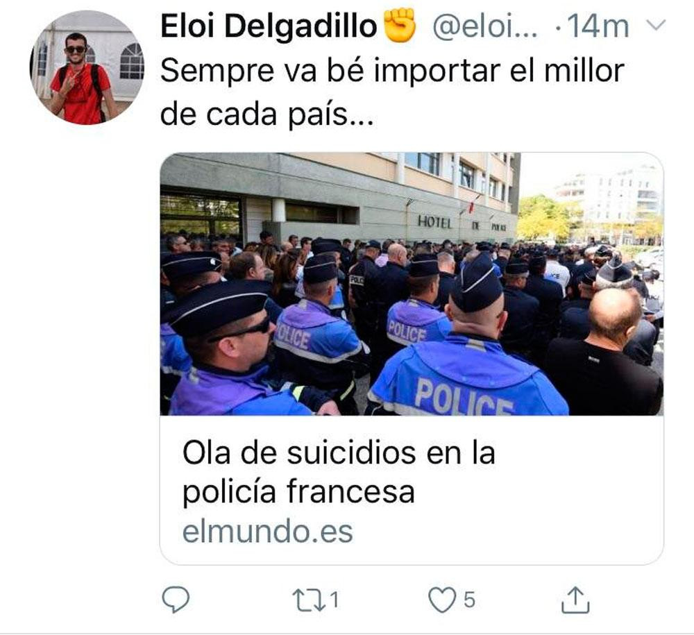 El tuit anterior del cargo local de ERC insultando a la policía local de Mataró / CG