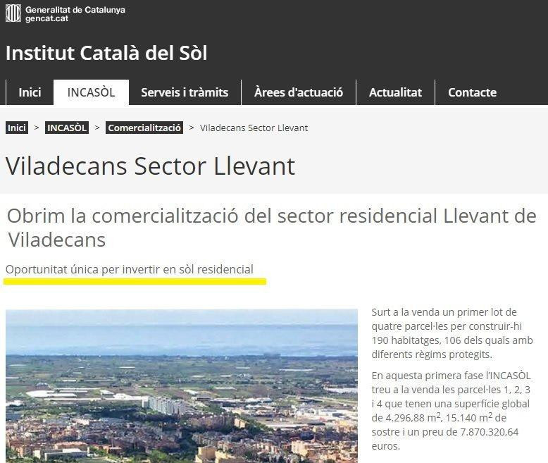 Anuncio de venta de suelo público del Govern en Viladecans (Barcelona) / CG