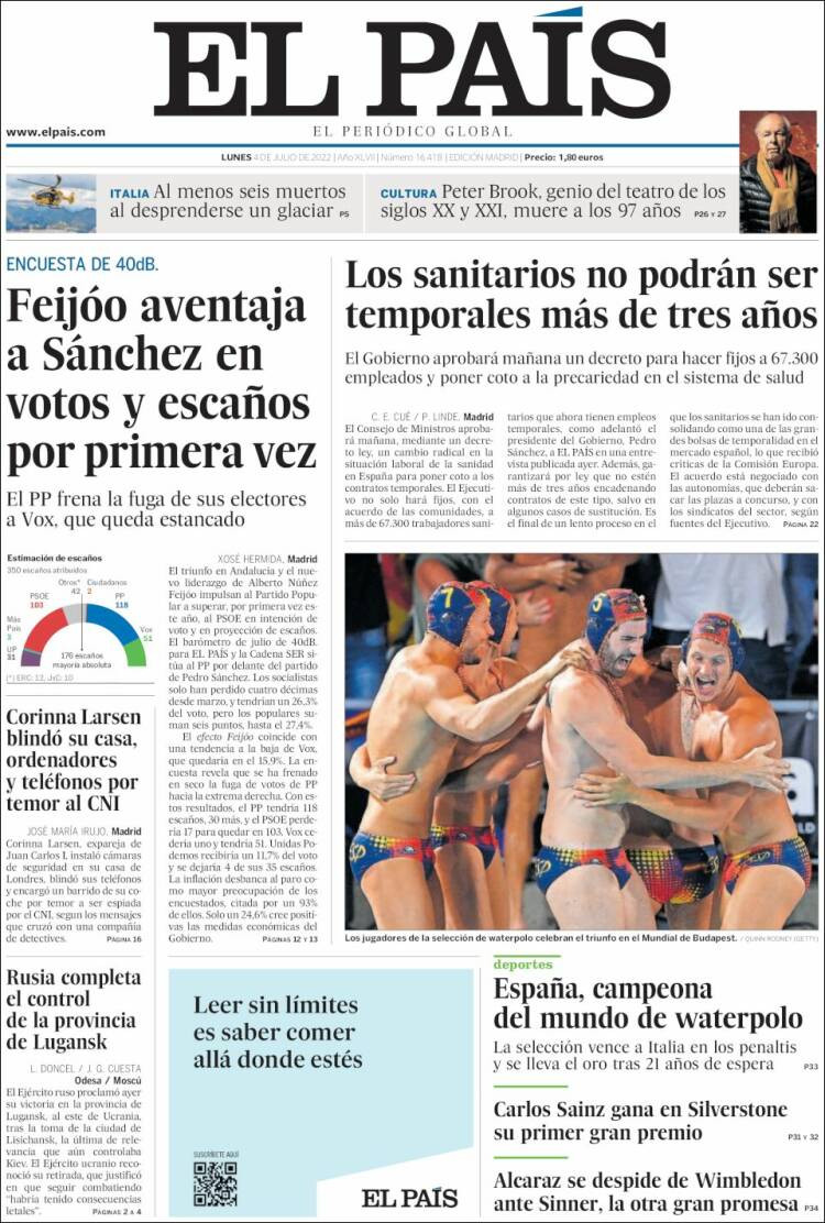 Portada de 'El País' de 4 de julio de 2022 / KIOSKO.NET
